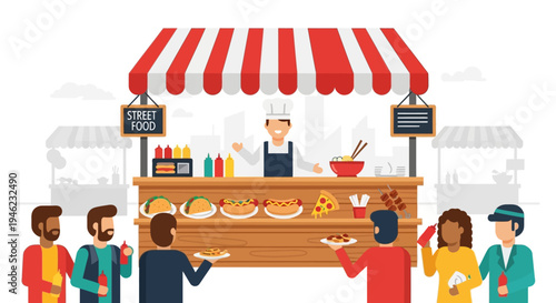 Street Food Stall with Chef Serving Diverse Customers