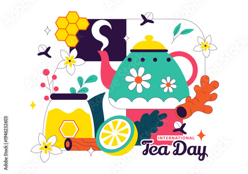 International Tea Day Vector Illustration With Teapot Cup Lemon Honey Herbal Ingredients, Cozy Beverage Celebration Concept, Colorful Drink Design