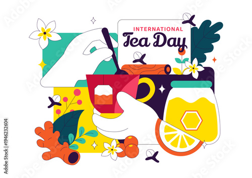 International Tea Day Vector Illustration With Teapot Cup Lemon Honey Herbal Ingredients, Cozy Beverage Celebration Concept, Colorful Drink Design