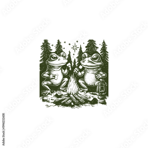 Vintage style hand-drawn illustration of two cute frogs roasting marshmallows over a campfire in a pine forest at night.