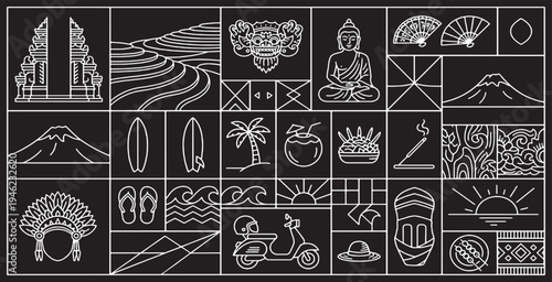 Collection of Bali-themed line art icons and symbols on a black background, representing travel and culture.