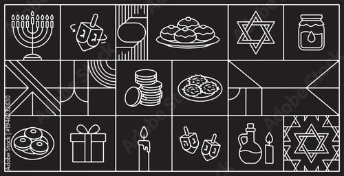 Collection of Hanukkah symbols and elements in a graphic illustration on a black background.