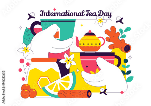 International Tea Day Vector Illustration With Teapot Cup Lemon Honey Herbal Ingredients, Cozy Beverage Celebration Concept, Colorful Drink Design