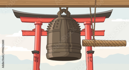 Japanese Temple Bell and Traditional Torii Gate Illustration