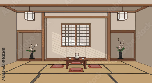 Minimalist Japanese Tea Room with Tatami Mats and Shoji Window