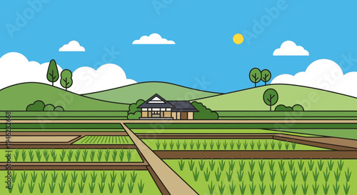 Flat Vector Illustration of Rural Japanese Rice Paddy Landscape