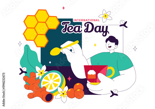 International Tea Day Vector Illustration With Teapot Cup Lemon Honey Herbal Ingredients, Cozy Beverage Celebration Concept, Colorful Drink Design