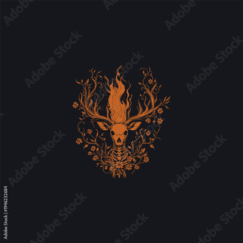 A mystical hand-drawn illustration of a deer skull with large antlers, featuring a burning flame between the horns and surrounded by delicate floral vines