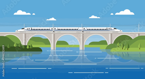 Modern High Speed Train Crossing Scenic Arched Bridge Over River Landscape