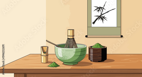 Pixel Art Matcha Tea Ceremony Setup with Whisk and Bowl