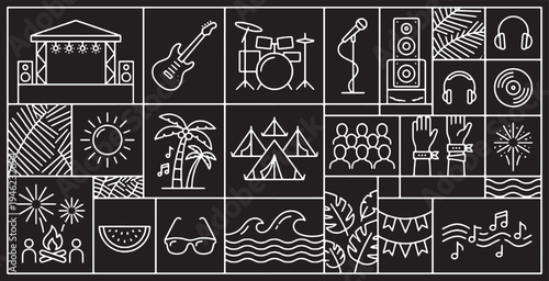 Collection of summer music festival icons and symbols on a black background, representing outdoor entertainment and celebration.