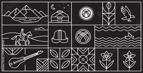 A collection of stylized line art illustrations representing Kazakh culture and nature, including mountains, yurts, traditional symbols, and wildlife.
