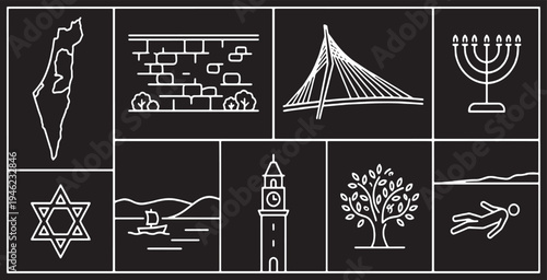 Collection of Israeli Landmarks and Symbols in a Minimalist Line Art Style.
