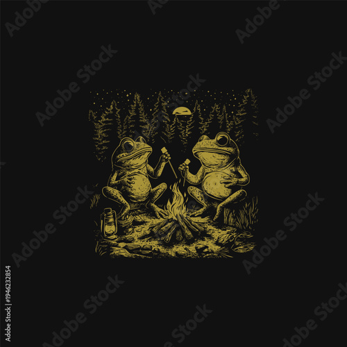 Vintage style hand-drawn illustration of two cute frogs roasting marshmallows over a campfire in a pine forest at night.