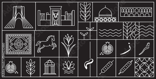 Collection of Iranian cultural symbols and landmarks in a geometric pattern on a black background.