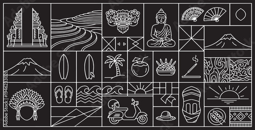 Collection of Balinese cultural symbols and travel icons in a minimalist line art style on a black background.