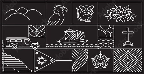 Collection of Philippine National Symbols and Landmarks in a Minimalist Line Art Style.