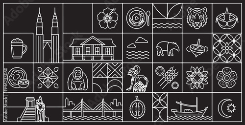 A collage of Malaysian cultural icons and landmarks in a minimalist line art style on a black background.