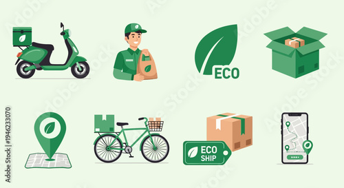 Collection of eco-friendly delivery and logistics icons featuring green transport, packaging, and location services.