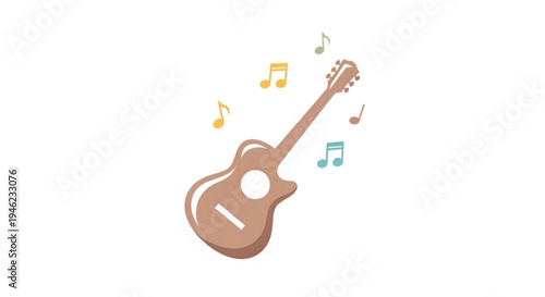 Brown acoustic guitar with colorful music notes floating around it on white background