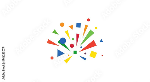 Vibrant multicolored geometric shapes exploding in a dynamic pattern on a white background