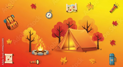 Autumn camping scene with tent campfire and fall leaves on a warm orange background