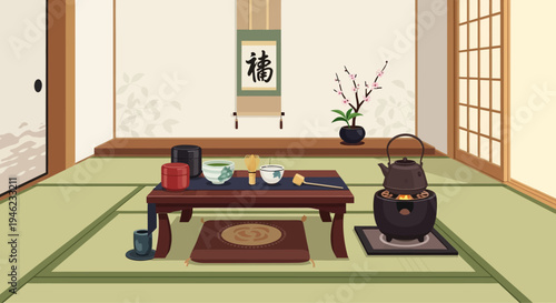 Pixel Art Japanese Tea Ceremony Room with Matcha Set