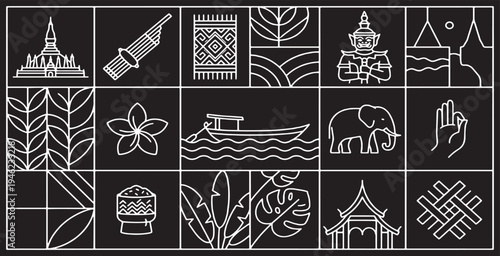 Collection of Thai cultural icons and symbols in a clean line art style on a black background.