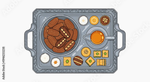 A delightful spread of traditional Middle Eastern sweets and dates served with a steaming cup of Arabic coffee on a decorative tray