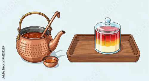 Handcrafted copper kettle pouring liquid into a small bowl next to a layered dessert in a glass jar on a wooden tray, digital illustration