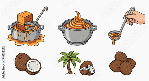 Vector set of sweet coconut and palm sugar ingredients and preparations, featuring whole and split coconuts, palm trees, cooking pots, ladles, and golden syrup
