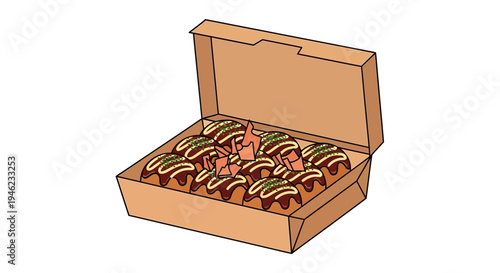 Takoyaki Octopus Balls in Takeout Box Illustration