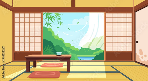 Traditional Japanese Room with Tatami Mats and Scenic Nature View