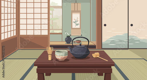 Traditional Japanese Tea Ceremony Room with Matcha Set