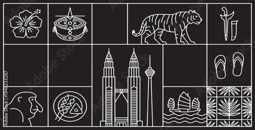Photography Collection of Malaysian cultural icons and landmarks presented in a minimalist line art style on a black background