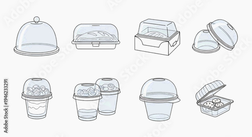 Vector set of clear plastic food containers and packaging. Illustrates disposable deli boxes, dome lids, and takeaway cups for produce, baked goods, and meals