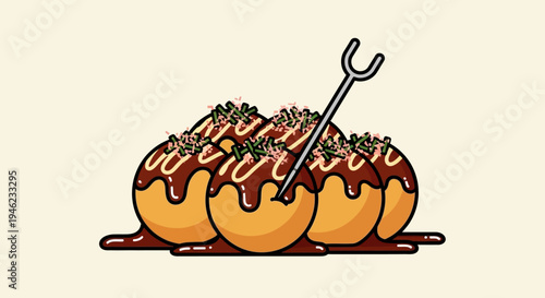 Vector Illustration of Delicious Japanese Takoyaki Octopus Balls with Sauce and Pick