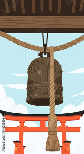 Japanese Temple Bell and Torii Gate Illustration