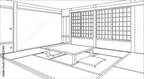 Line Art Illustration of a Traditional Japanese Room with Tatami Mats and Low Table