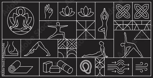 Collection of yoga poses and symbols in a minimalist line art style on a black background.