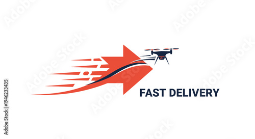 A drone flying above a fast-moving red arrow with speed lines and 'FAST DELIVERY' text, symbolizing modern logistics and rapid shipping services.