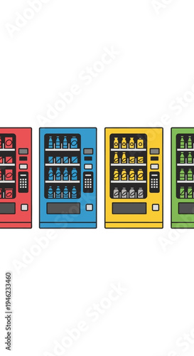 Set of Colorful Vending Machines with Snacks and Beverages