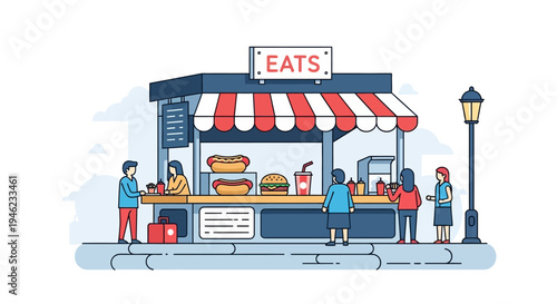 Street Food Stall with People Buying Fast Food Snacks