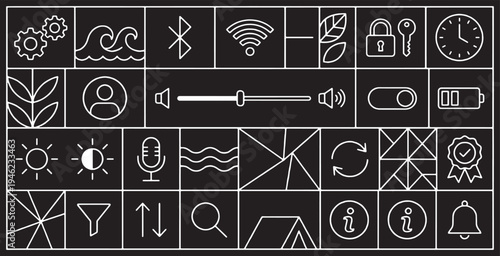 A collection of modern, minimalist line icons representing various digital functions and settings on a dark background.