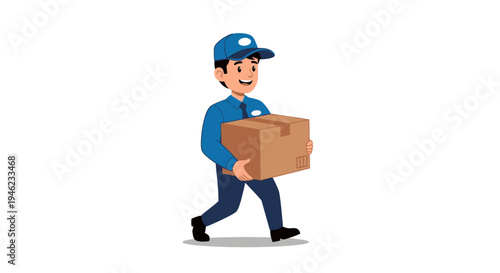 A friendly male delivery person in a blue uniform and cap, smiling while carrying a brown cardboard package, walking against a white background.