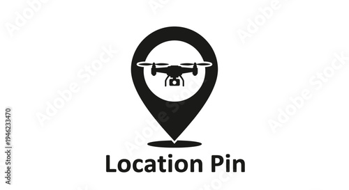 Black location pin icon with a drone silhouette inside, representing drone tracking, navigation, or delivery services.
