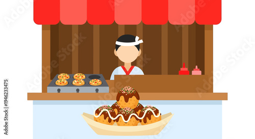 Street Food Vendor Selling Takoyaki at a Japanese Market Stall