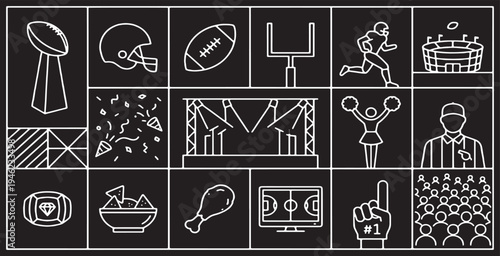 Collection of American Football Icons and Symbols on a Black Background.