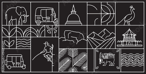 A collage of iconic Sri Lankan symbols and landmarks presented in a minimalist line art style on a black background.