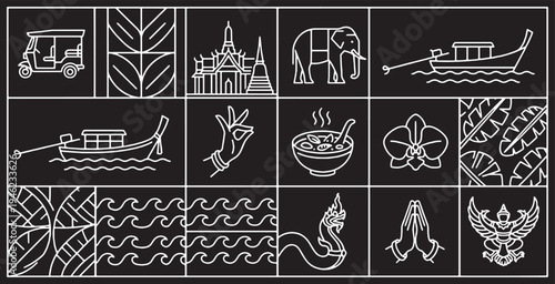 Collection of Thai cultural icons and symbols in a minimalist line art style on a black background.
